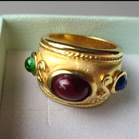 Gold plated ring  with blue red green glass stones size 6 - Picture 17 of 17